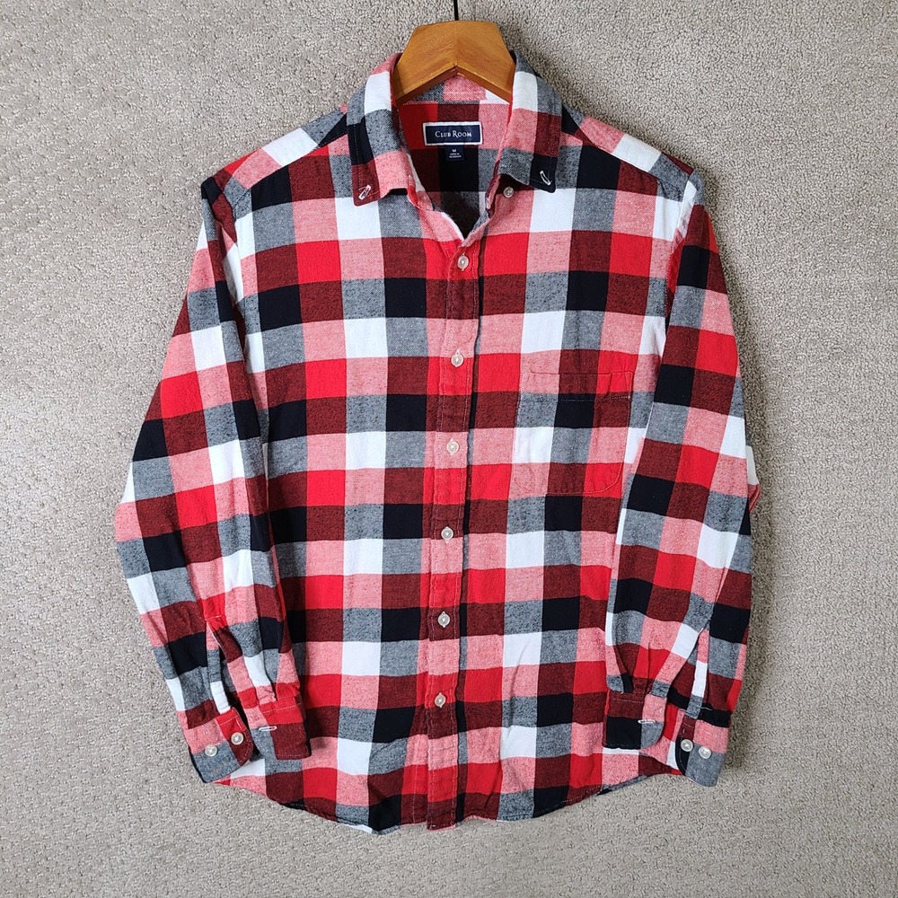 Club Room Shirt Mens Medium‎ Red Plaid Button Down Flannel Cotton Long Sleeve